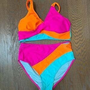 Women's High Waisted Bikini Swimsuit Color Block Halter Top Tie Back Set